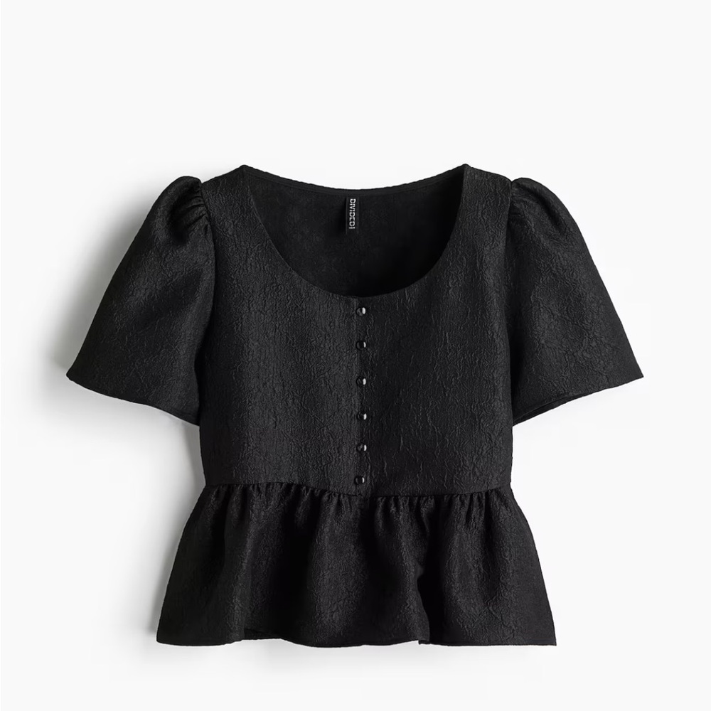 H&M Black Peplum Brocade Blouse M NWT